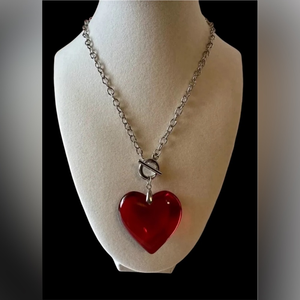 Large Red Glass Heart Pendant Necklace Love Necklace Chunky 3D Heart Crystal New